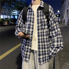 秋装港风日系复古工装格子衬衫长袖潮宽松百搭衬衣休闲H216/P45，男装衬衫，钱塘713