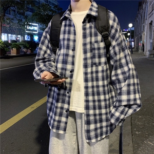 秋装港风日系复古工装格子衬衫长袖潮宽松百搭衬衣休闲H216/P45