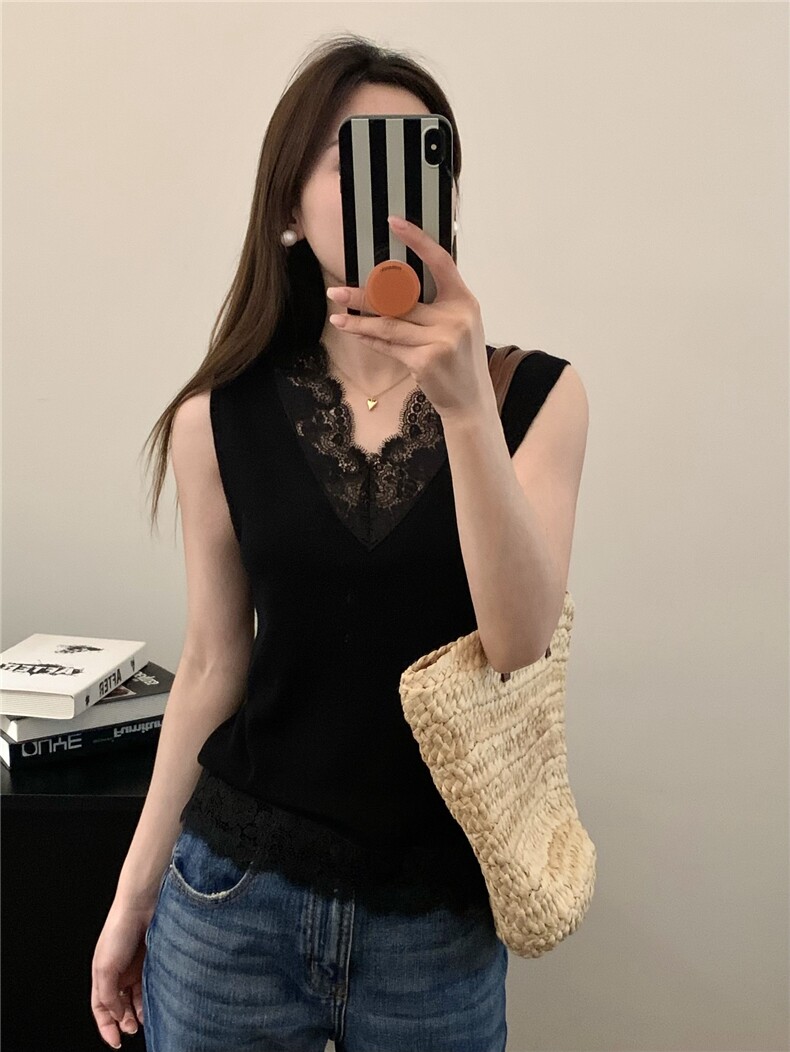 背心女2025新款外穿针织无袖衫内搭精纺超薄水溶蕾丝吊带,女装背心吊带,缘满羊绒