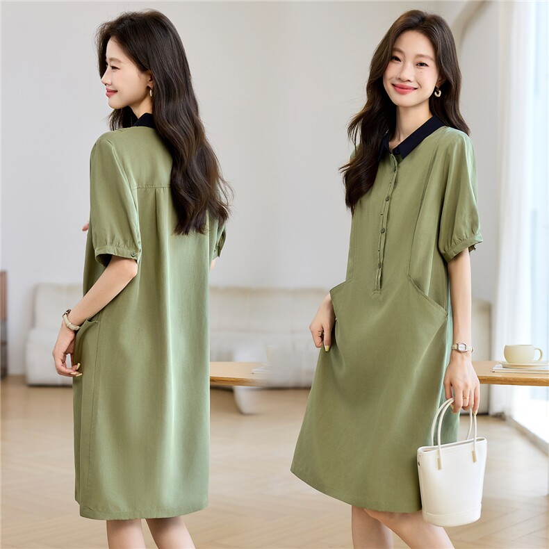2025年夏季时尚撞色天丝亚麻半开休闲连衣裙，女装连衣裙，依恋蒂丝