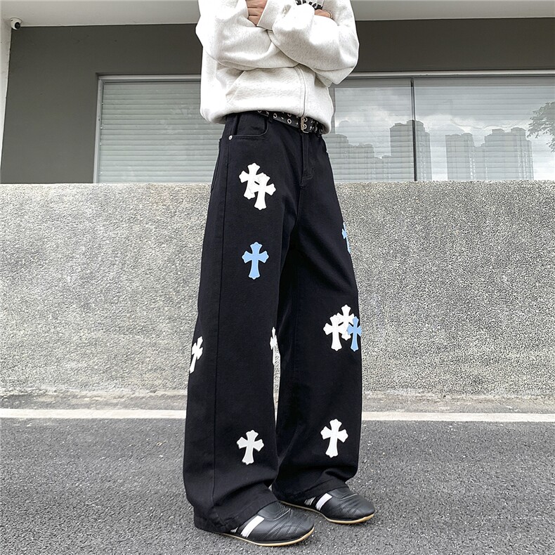 NZ01-P45控78美式高街十字架牛仔裤男潮牌痞帅宽松直筒vibr长裤,男装牛仔裤,星座403（原603-1）