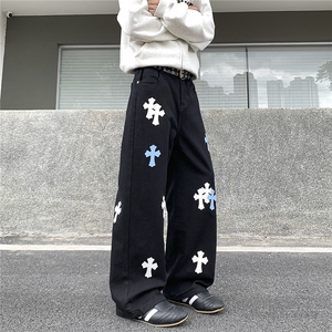 NZ01-P45 控78 美式高街十字架牛仔裤男潮牌痞帅宽松直筒vibr长裤图片