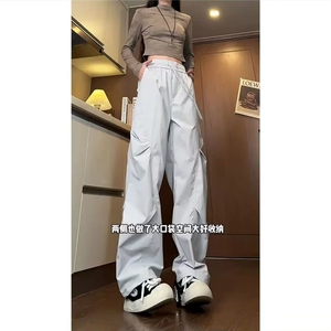 美式速干褶皱休闲裤女2025夏季时尚速干凉感垂感宽松休闲运动裤子图片