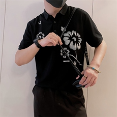 8973/P58控78夏季小伙轻熟风时尚翻领印花短袖男黑首1，男装T恤，星座305B