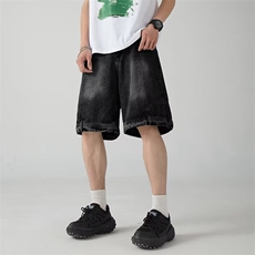 美式复古做旧反穿牛仔短裤男夏季潮牌宽松直筒五分裤A2355-p45，男装牛仔裤，星座1008