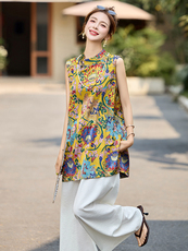 （现货）新中式印花盘扣衬衫女2025夏季新款气质无袖中长款上衣，女装衬衫，恋慕依尚