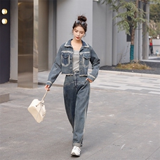 时尚春季牛仔两件套女宽松显瘦外套+阔腿裤套装，女装套装/套裙，秋水欣儿