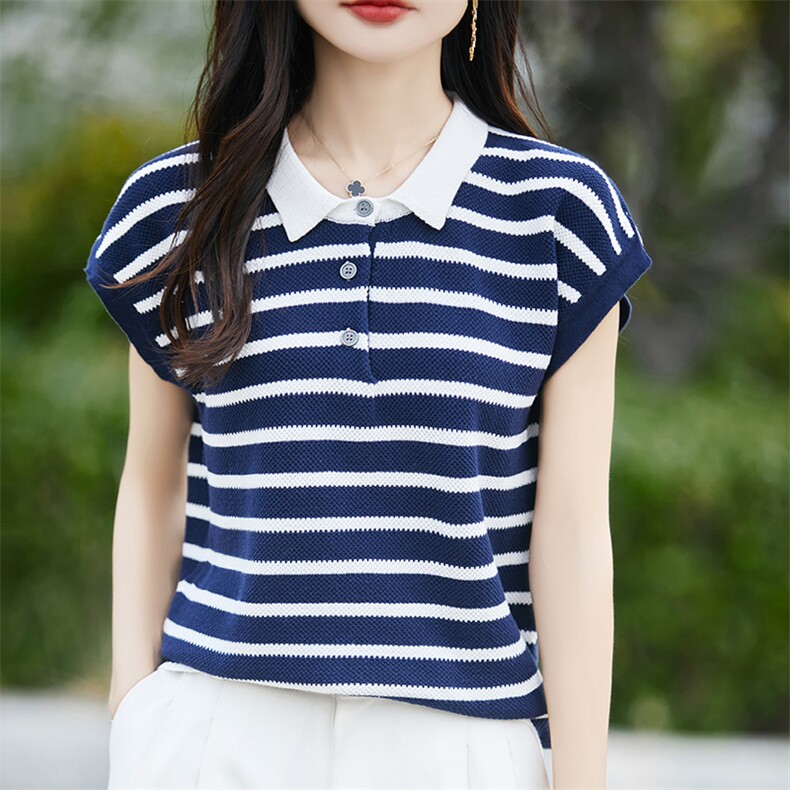 纯棉针织条纹POLO领短袖T恤女2025新款时尚减龄翻领t恤上衣夏薄新，女装针织衫/毛衣，斯美雅电商供货
