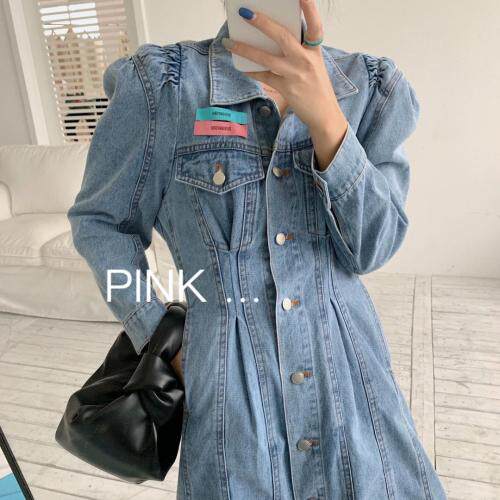 现货韩版薄料格子西服牛仔裙韩系直筒连衣裙，女装连衣裙，PINK