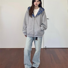 2025美式假两件连帽格子卫衣开衫男女宽松秋外套宽松型潮春秋冬，女装短外套，星座516A