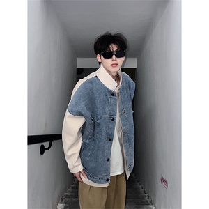 牛仔拼接夹克男秋季痞帅美式复古棒球服工装外套XZ514-2-F91-P135图片