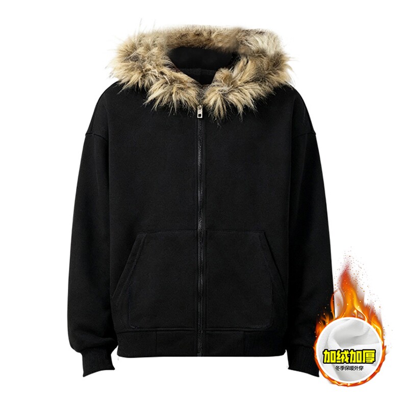 480G重磅加绒硬挺boxy秋冬美式高街超大毛领座山雕连帽卫衣厚外套，女装短外套，电商A486-1