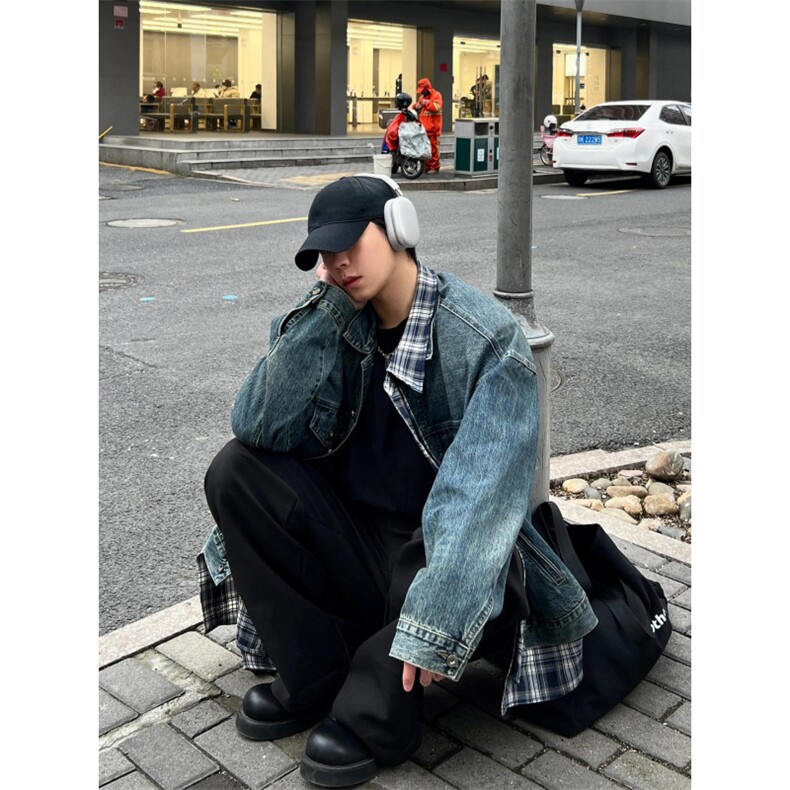 【有货】假两件牛仔外套男春秋格子衬衫拼接工装夹克JK8624CC-P85,男装夹克,星座1007（原301D）