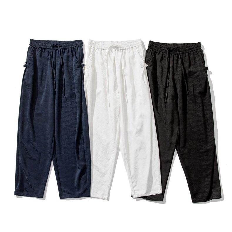 夏季冰丝凉感风原创百搭宽松休闲盘扣暗提花长裤大码D559/P55，男装休闲裤，星座206-1