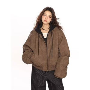 1506-1/MF021/P66假两件连帽PU皮夹克棉服男女秋冬夹棉外套图片
