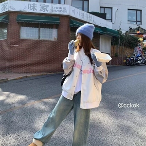 美式蝴蝶刺绣棒球服外套女春秋季甜酷韩系穿搭夹克撞色上衣潮图片