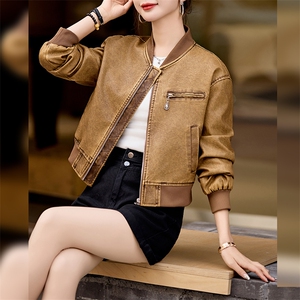 现货时髦做旧复古PU皮衣夹克外套女小个子2024新款短款立领机车服图片