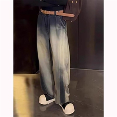 复古水洗做旧弯刀牛仔裤慵懒松弛感裤子美式高级感阔腿裤，女装休闲裤，星座506A