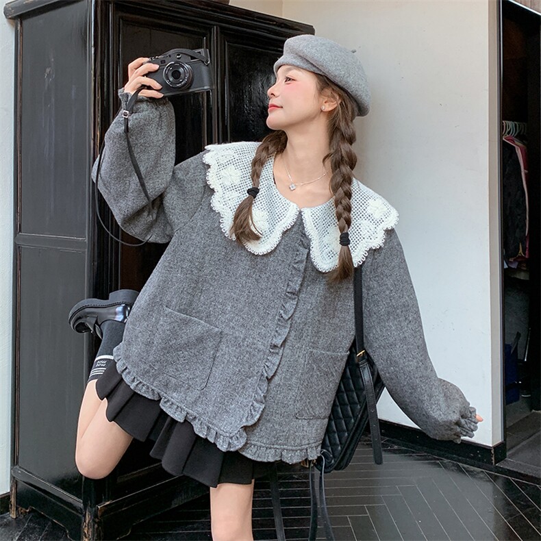 蕾丝花边娃娃领灰色短外套女春秋2025新款小个子高级感减龄森系,女装短外套,维壹