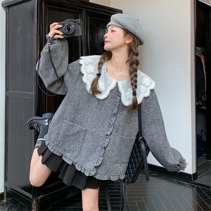 蕾丝花边娃娃领灰色短外套女春秋2025新款小个子高级感减龄森系图片