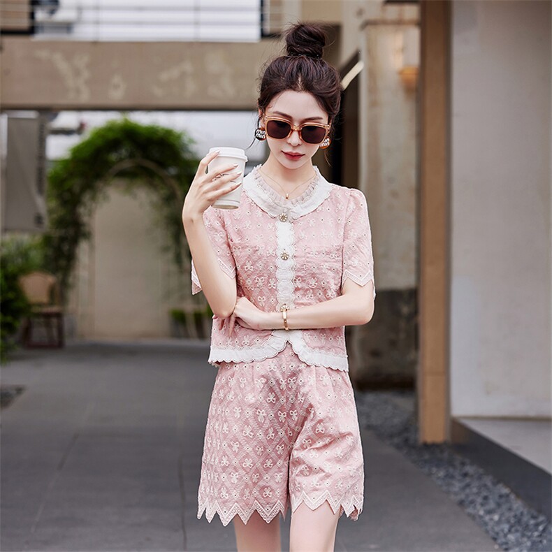 法式时尚套装蕾丝连衣裙女夏2025新款小香风上衣半身裙粉色两件套,女装套装/套裙,慕依路