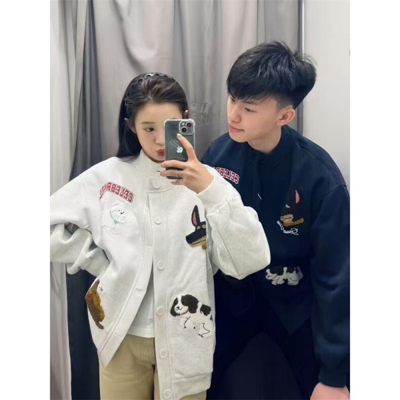 春秋季复古潮牌毛巾绣重磅开衫卫衣女潮牌情侣百搭休闲夹克外套,男装夹克,四季星座505