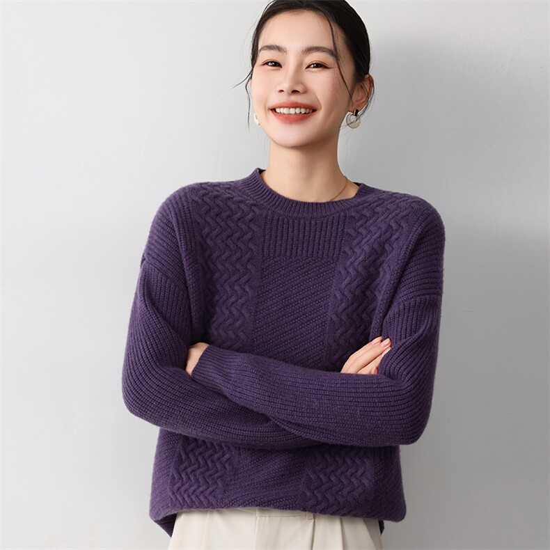 秋冬季新款舒适显瘦时尚百搭5针花型格圆领羊毛衫,女装羊毛衫,琳尚羊绒