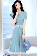 2022夏装新款淑女拼接蕾丝圆领单排扣气质短袖两件套，女装套装/套裙，芭米依尚