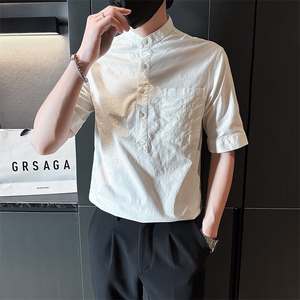 夏季男士七分袖麻料立领衬衫男休闲修身休闲衬衣A236-C666-P55图片
