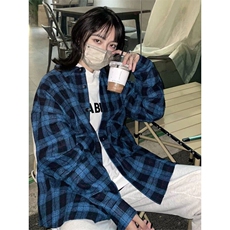 春秋新款蓝色格子衬衫松弛感男女宽松复古简约小刺绣长袖薄外套，男装衬衫，星座506A