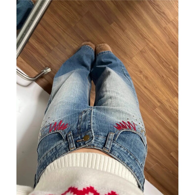 美式复古刺绣阔腿牛仔裤女新款设计感宽松显瘦拖地裤子LH033-P51,男装牛仔裤,星座1008
