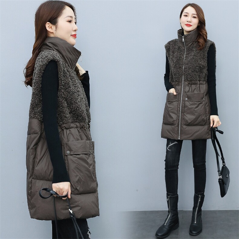 90绒。羊羔毛拼接立领中长款马甲，女装马甲，E百度