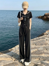 运动休闲套装女夏季新款时尚高级感修身显瘦短袖上衣直筒裤两件套，女装套装/套裙，江南