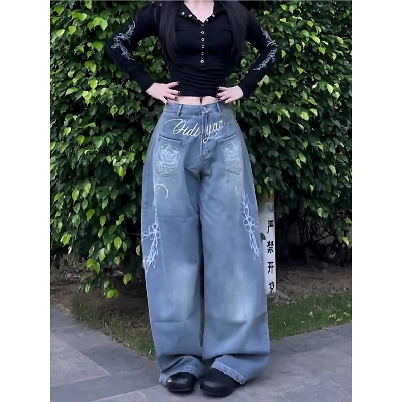美式复古字母花卉刺绣弯刀牛仔裤女春秋季高腰宽松显瘦阔腿拖地裤,男装牛仔裤,星座1210-1