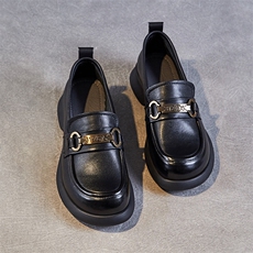 真皮女鞋2024春季新款一脚蹬软底乐福鞋牛皮圆头扣件休闲小皮鞋，女鞋小皮鞋，星座1407-3