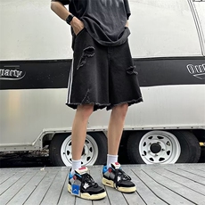 毛边破洞牛仔短裤男设计感小众三条杠做旧牛仔裤H219P40，男装牛仔裤，星座1116-2