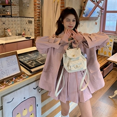 粉色单排扣格纹拼接外套两件套女春2025新款甜酷风宽松百褶裙套装，女装套装/套裙，2C120