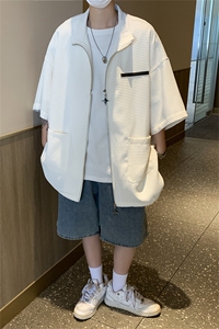 双拉链衬衫短袖男夏季高级感美式复古外套oversize华夫格冰丝衬衣图片