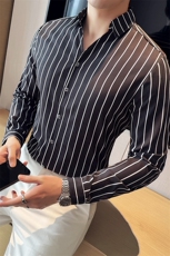 2024条纹V领韩版英伦显瘦衬衫商务绅士衬衣男C016C/P55控75，男装衬衫，电商A243