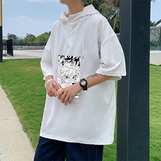 LD54176-P45连帽短袖t恤男大码胖子带帽五分袖中袖，男装T恤，电商A040