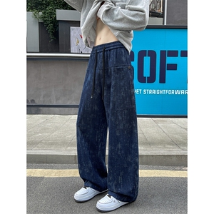 美式人字斜纹炒花砂洗弯刀牛仔裤男秋季潮牌设计感宽松阔腿长裤子图片