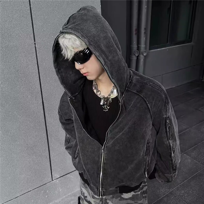 美式复古简约休闲百搭开衫卫衣秋冬水洗做旧宽松连帽外套,女装短外套,四季星座505