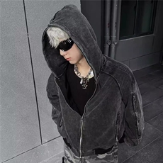 美式复古简约休闲百搭开衫卫衣秋冬水洗做旧宽松连帽外套，女装短外套，四季星座505