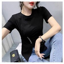 2021夏装新款开叉T恤女短袖设计感不规则上衣洋气修身收腰小衫潮，女装T恤，潮品会