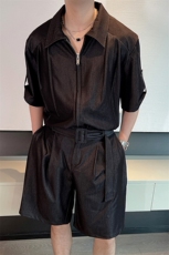 夏季网红时尚天丝牛仔中袖衬衫男套装时尚短裤两件套潮TZ262-P135，男装牛仔裤，电商B267