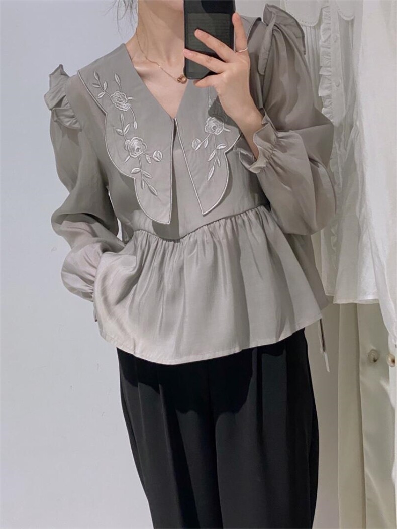 娃娃领刺绣小衫，其它，驿谷