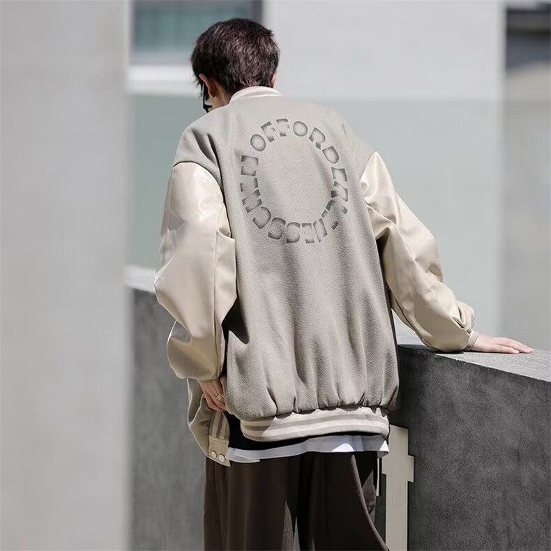 日系街头PU皮拼接棒球服男2022潮牌复古宽松情侣休闲百搭外套,男装夹克,星座716-4