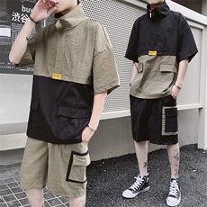 混色双拼休闲套装2021新款夏季宽松短袖t恤两件套男装DS401TP75，男装T恤，电商A102