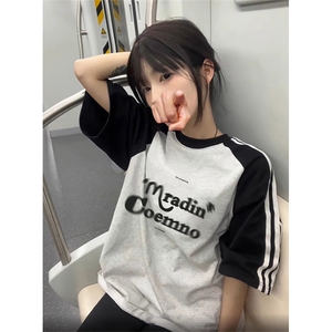 夏季美式高街重磅纯棉三条杠织带插肩撞色男女短袖T恤 CZ35-特P25图片