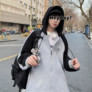 2023早秋新款撞色开衫卫衣男秋装外套A071-W037-P65,易烊千玺白色半袖外套穿搭图片